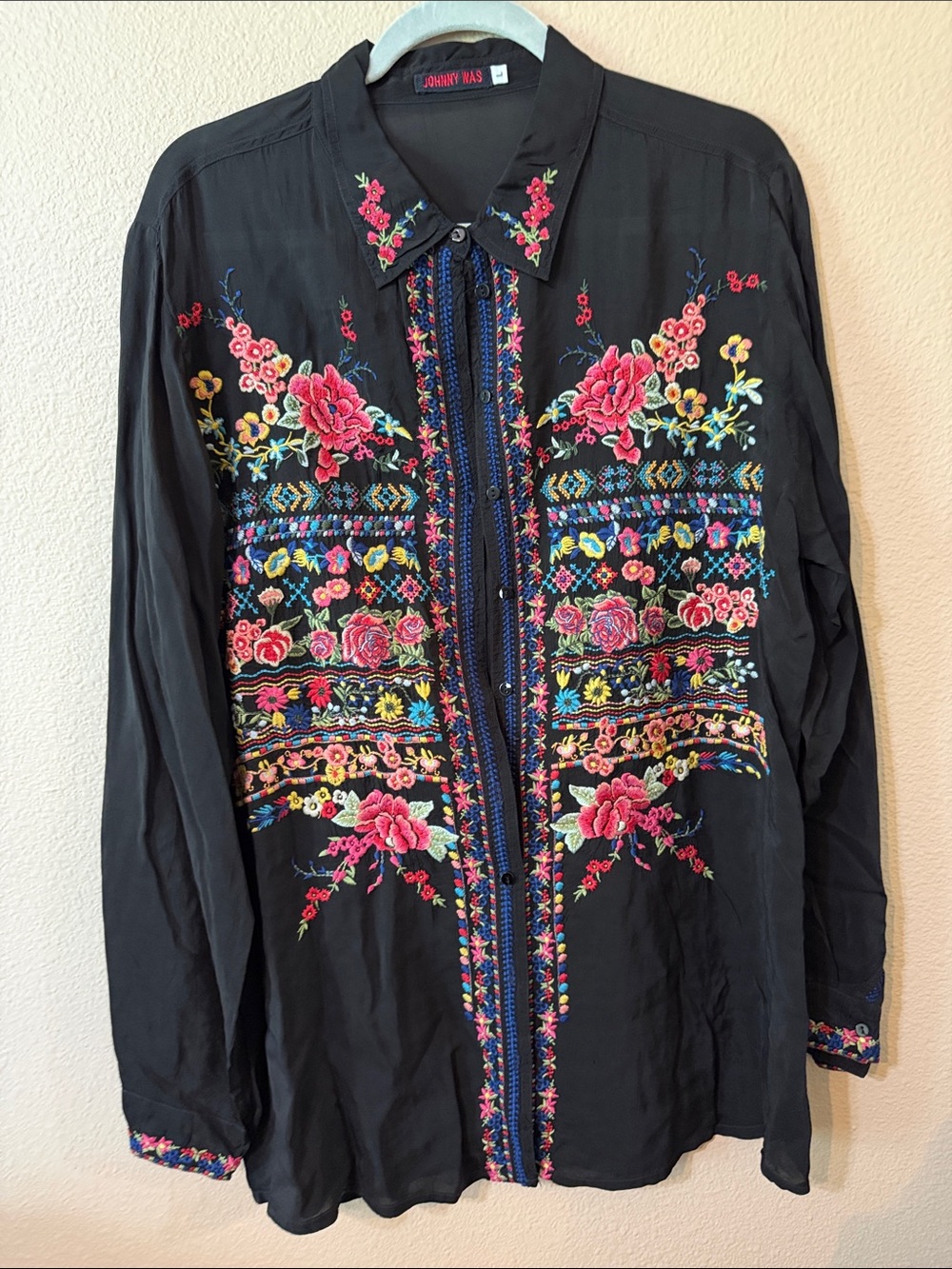 Johnny Was Black Button-Up Shirt with Multicolor Floral Embroidery